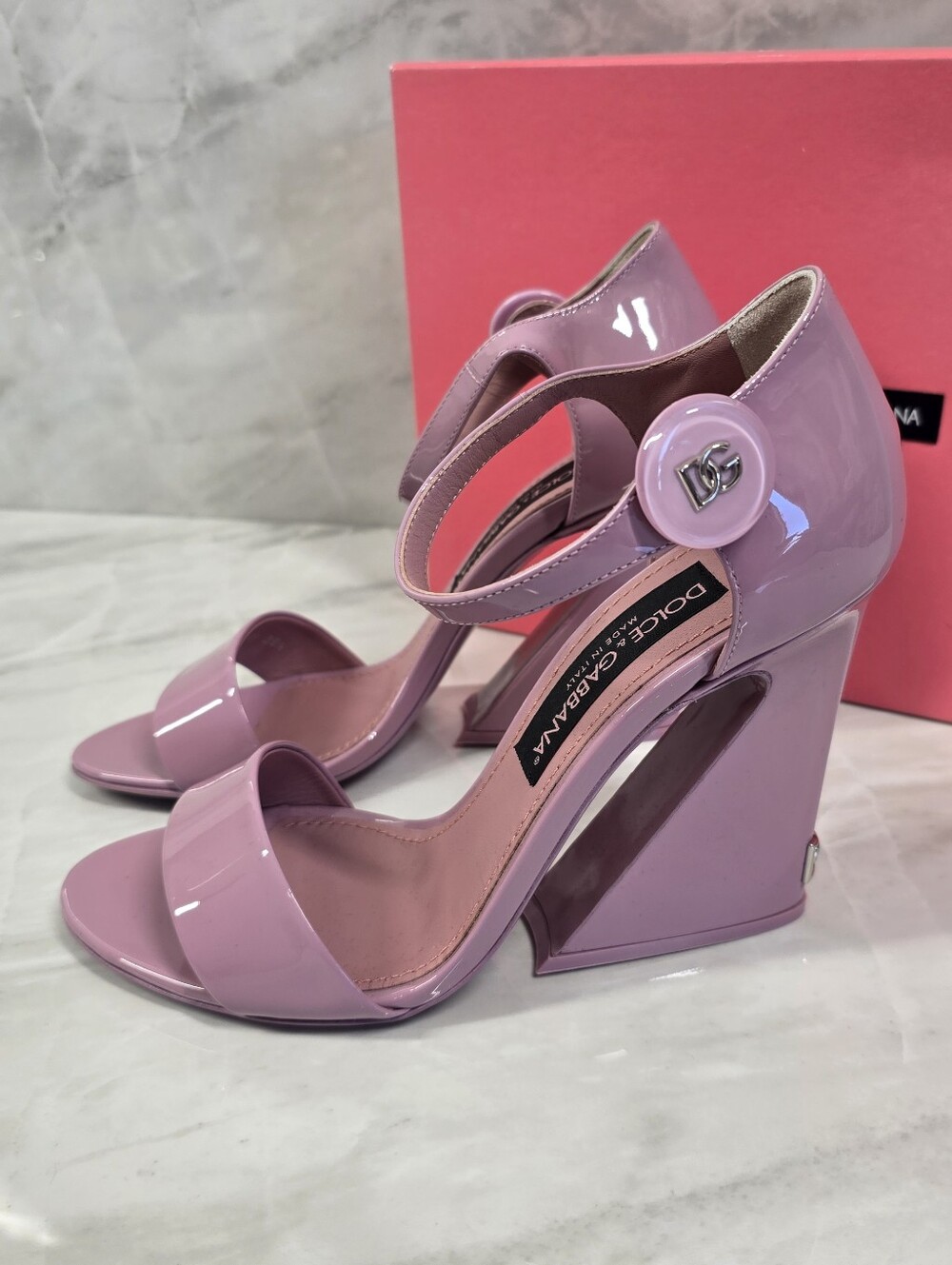 Dolce & Gabbana Patent Wedge Sandals with Logo Button
